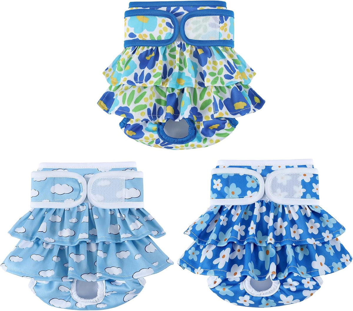 Washable Female Dog Diapers with Soft Skirt – Blue Floral, 3 Pack