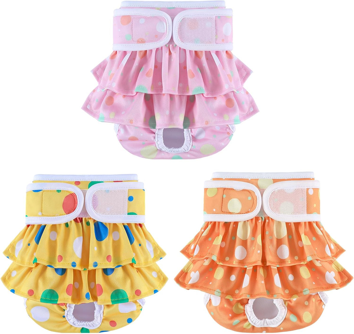 Washable Female Dog Diapers with Ruffle Skirt – Colorful Dot, 3 Pack